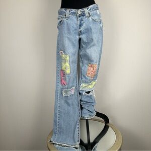 Vintage Levis 513 Floral Patchwork Bootcut Jeans Size 7M Distressed Denim Boho